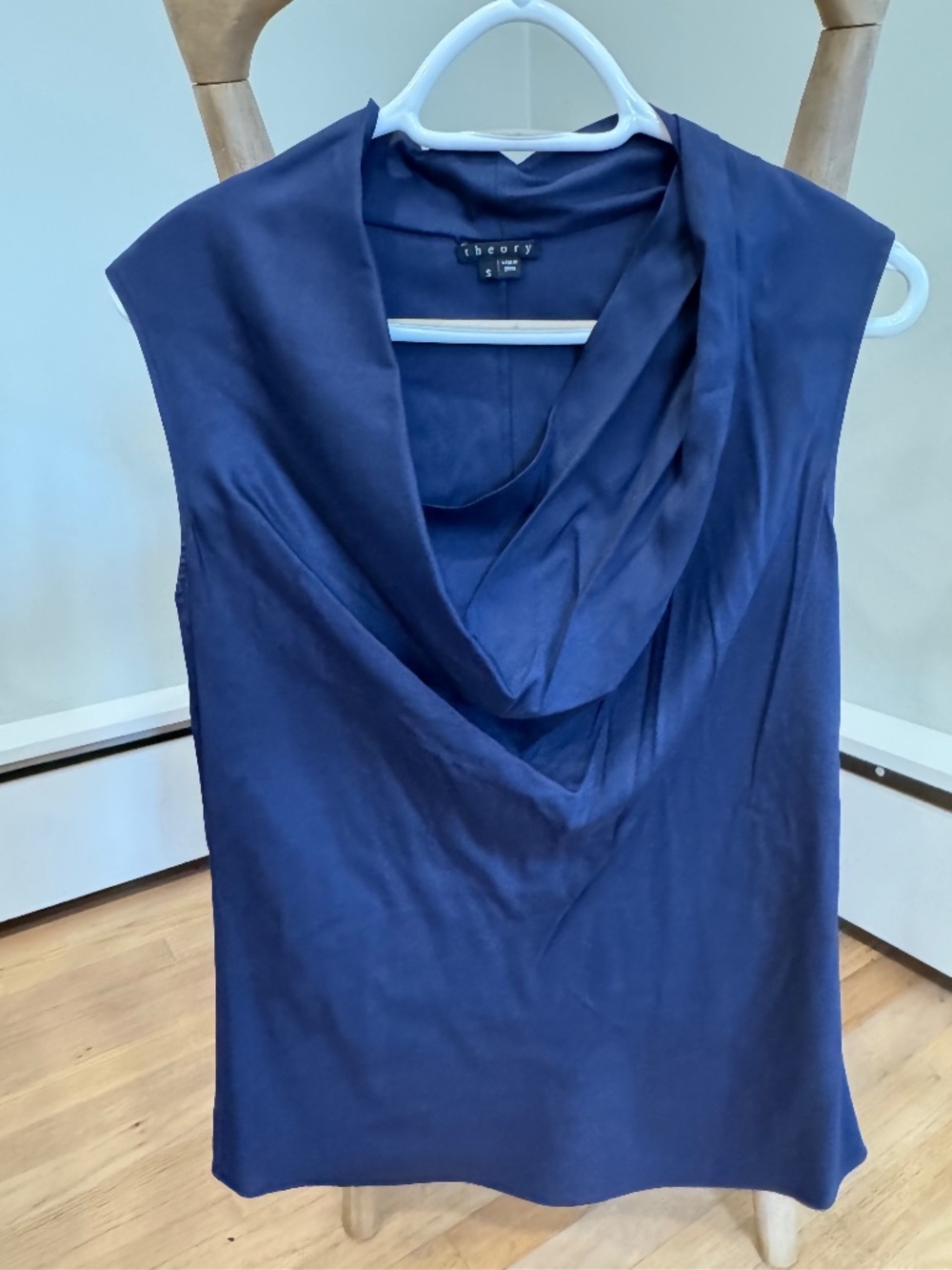 Theory Silk Cowl Next Navy Blouse